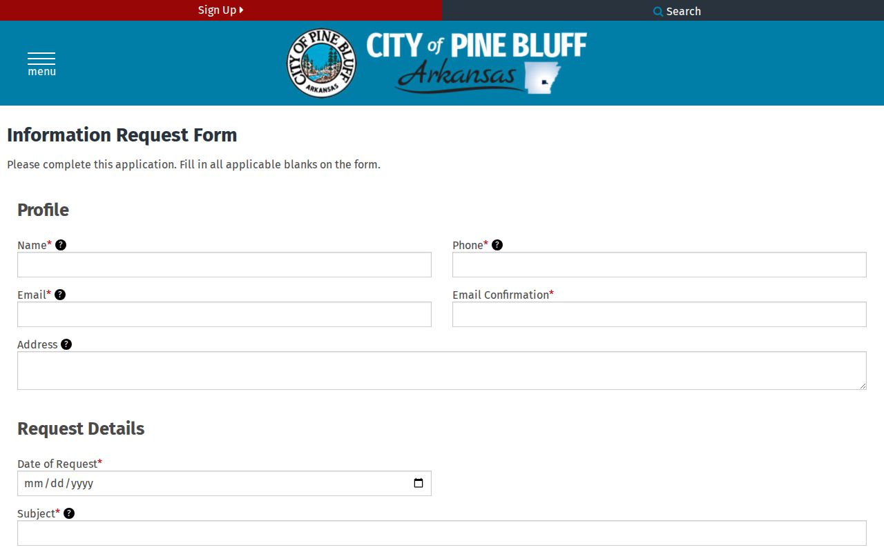 Pine Bluff people search city information request form