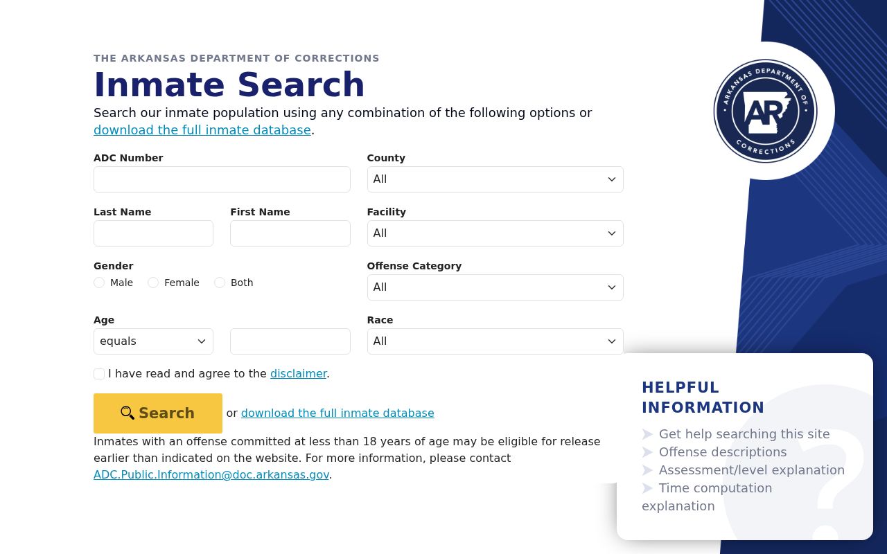 Pine Bluff public records Arkansas DOC inmate search fields